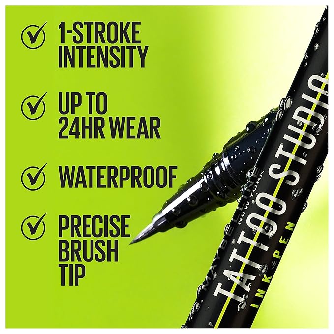 Maybelline Tattoo Studio Ink Pen Eyeliner, Waterproof & Smudge Resistant Liner, Up to 24 Hours Eye Makeup Wear, Jet Black, 1 Count