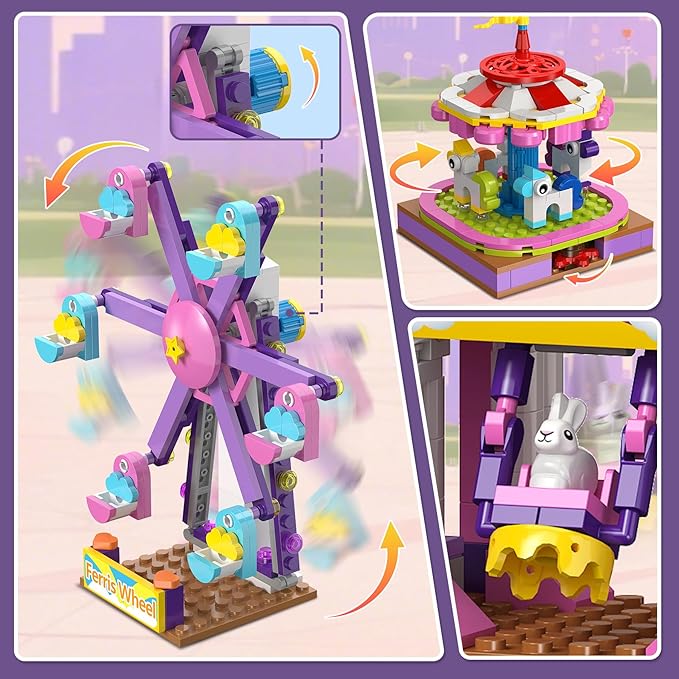 HOGOKIDS 3 Modes Girls Park Building Set - Friendship City Park Building Blocks Toy Set, Friends DIY Building Toys with Ferris Wheel, Spinning Carousel, Slide | Gifts for Girls Boys Age 8 9 10 11 12+
