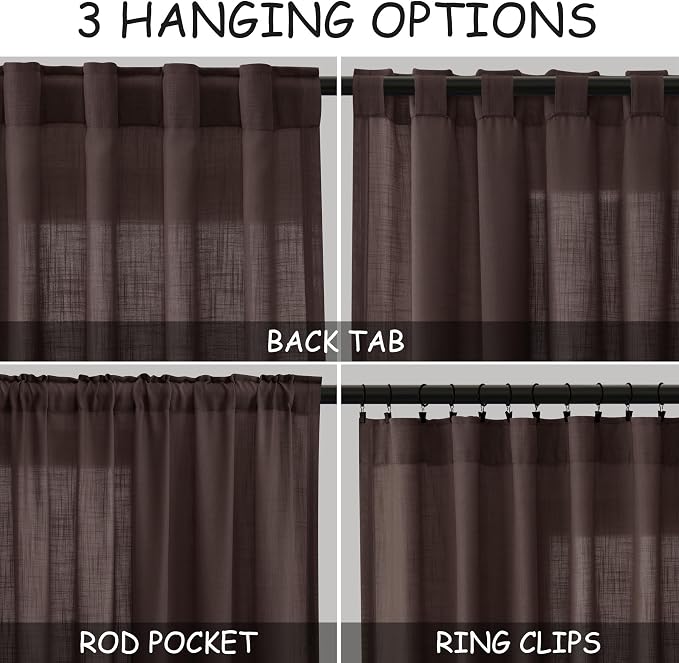 Nanspring Coffee Linen Curtains for Living Room Back Tab Rod Pocket Semi Sheer Curtains 100 Inches Long 2 Panel Set Light Filtering Neutral Boho Farmhouse Lightweight Drapes for Bedroom 52x100