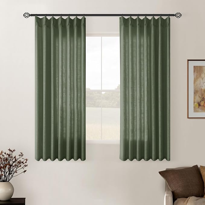 Olive Green Pinch Pleat Linen Semi Sheer Curtains 45 Inch Length 2 Panels | for Small Kitchen Windows, Rustic Country Boho, Light Filtering Privacy Semi Sheer, Pinch Pleated Back Tab Curtains, 40x45