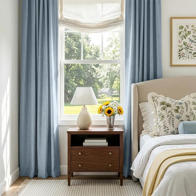 100% Blackout Shield Dusty Blue Linen Blackout Curtains for Bedroom 96 Inches Long, Back Tab/Rod Pocket Living Room Drapes, Thermal Insulated Blackout Curtains 2 Panels Set, 50" W x 96" L