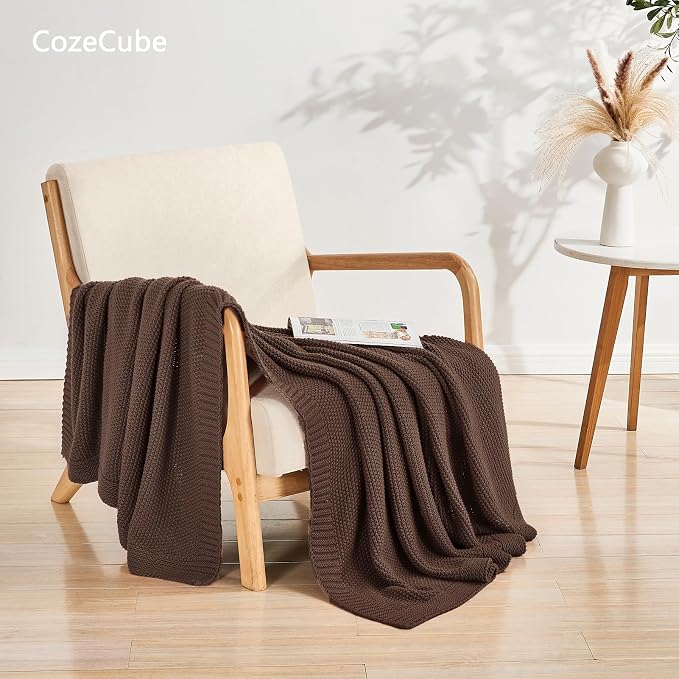 CozeCube Dark Brown Seed Stitch Throw Blanket 50"x60", Farmhouse Decor | Blanket for Couch, Soft Cozy Cable Knit Throw for Bed Sofa Living Room, Lightweight Warm Decorative Christmas Blanket