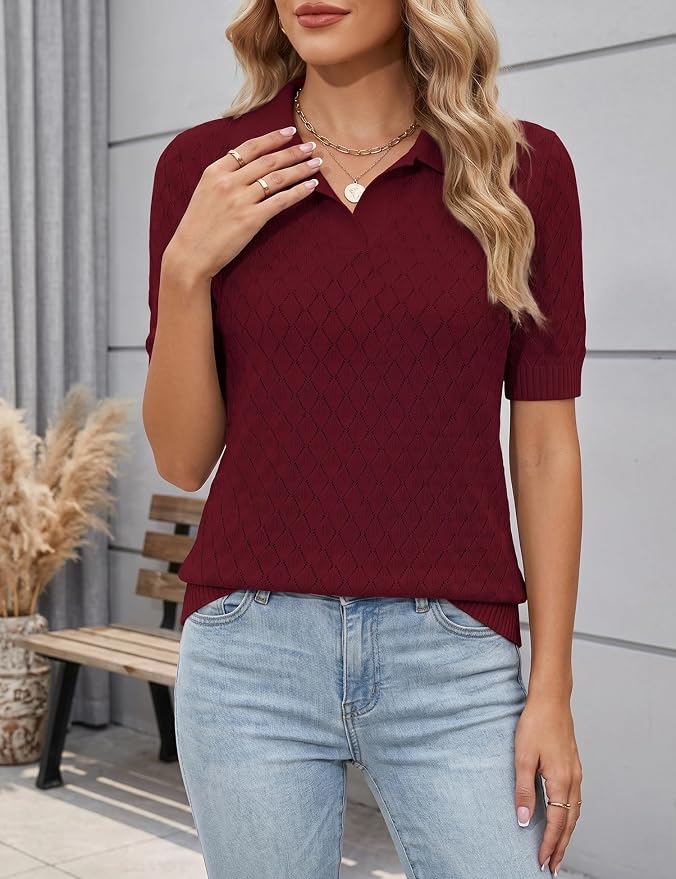 Rapbin Womens Short Sleeve Knit Polo Shirts Summer Spring Sweater Tops | Classic V Neck Collared Shirts Lightweight Business Casual Basic Fashion Pullover Polo Sweater for Work Formal Daily Wear