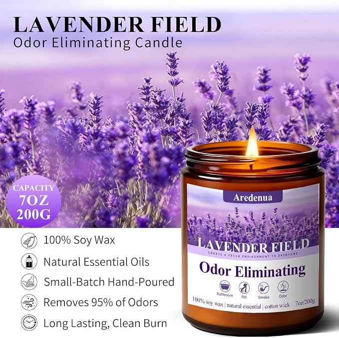 Lavender Odor Eliminating Candles | Eliminates 95% of Pet, Smoke, Food, and Other Smells – 7oz Soy Candle for Home Scented - Aromatherapy Stress Relief Scented Candles - Relaxing Gifts for Calm