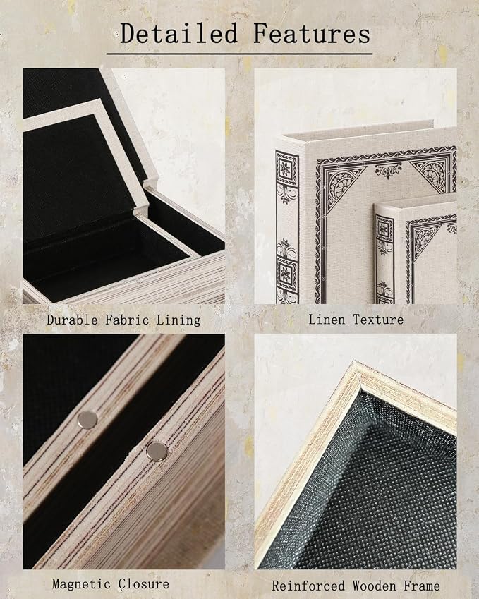 Decorative Wooden Book Box Set of 2 - Vintage Faux Book Boxes for Home Decor, Secret Storage with Magnetic Closure, Antique Style, Linen Cover Design, Perfect for Home Office Bookshelf