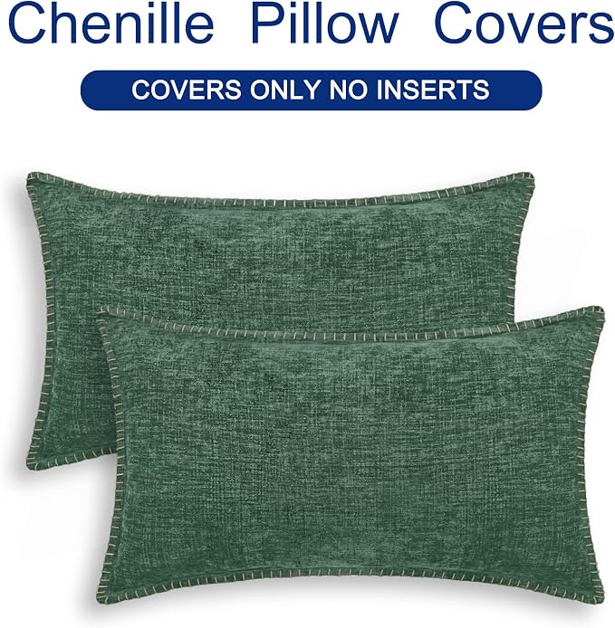 CaliTime Decorative Couch Throw Pillow Covers 20 X 12 Inches Dark Green | Pack of 2, Cozy Chenille Cushion Cases, Cotton Thread Stitching Edges, for Sofa Bed Living Room Farmhouse