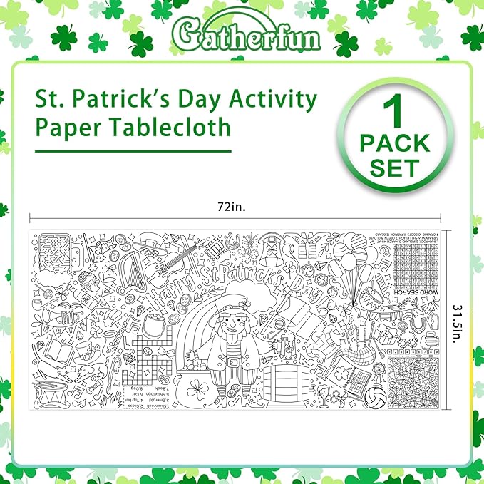 St. Patrick's Day Coloring Poster for Classroom Wall - Versatile 31.5 x 72 Inches irish themed Activity Poster/Table Cover, School Parties, St. Patrick's Day Party Decoration