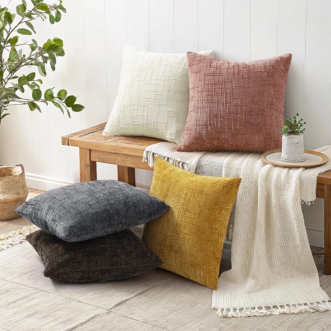 decorUhome Textured Chenille Throw Pillow Covers 22x22 Set of 2 Pink | Fall Modern Farmhouse Soft Cozy Slubby Couch Pillow Cases Boho Decorative Pillow Cases for Bed Sofa Living Room Home Decor