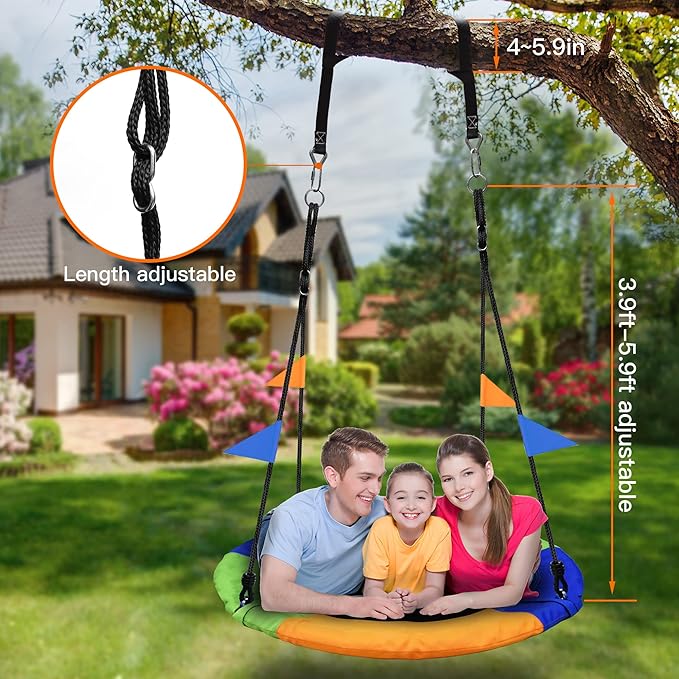 PACEARTH 40 Inch Saucer Tree Swing Flying 900lb Weight Capacity 2 Added Hanging Straps Adjustable Multi-Strand Ropes Colorful Safe and Durable Swing Seat for Children