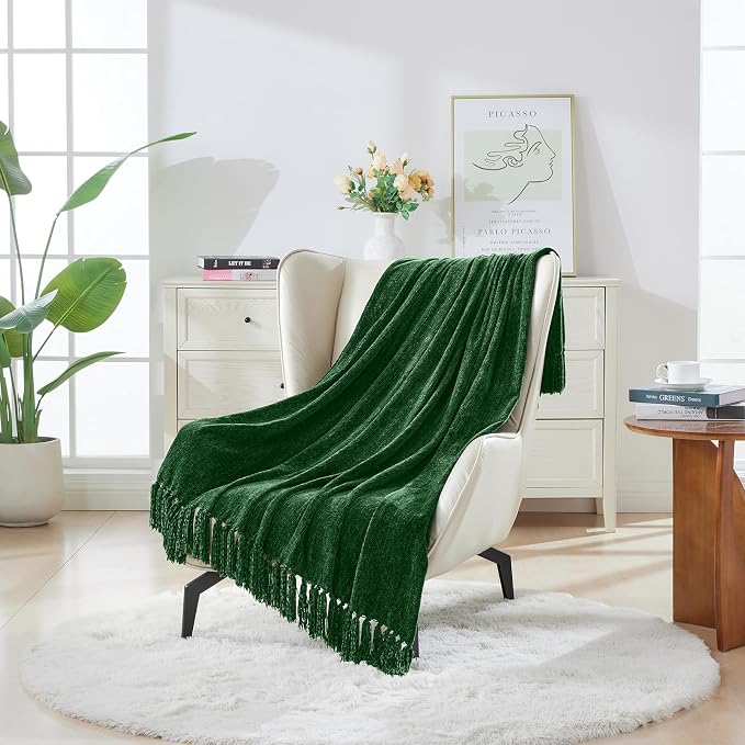 CozeCube Chenille Throw Blanket, Christmas Green Fringe Blanket, 50"X60" | For Couch, Cozy Plush Fuzzy Decorative Blanket with Fringe Tassels, Lightweight Throws for Bed Sofa Gift Home Decor