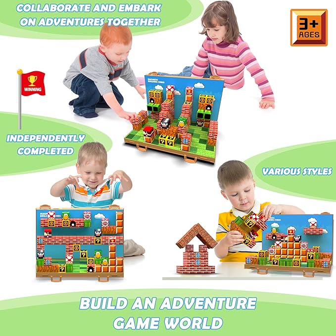 Magnetic Blocks, Build 3D Magnet Building Toys World with Magnetic Tiles, Foldable Magnet Board, STEM Sensory Toy for Kids, Toy Building Sets Gifts for Age 3 4 5 6-10 Year Old Boys Girls
