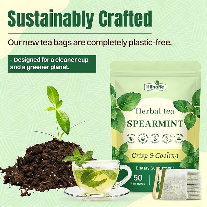 Hiihone Spearmint Tea Bags 50 Count – Pure Spearmint Leaf Herbal Tea, Caffeine-Free, Refreshing Mint Flavor, Supports Digestion & Everyday Wellness, Non-GMO