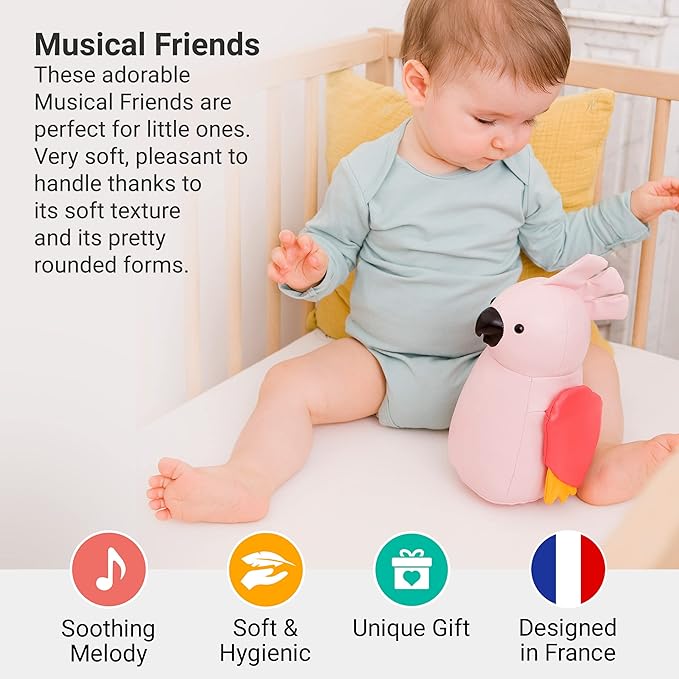 Little Big Friends Musical Baby Toy – Soft Plush Pull-String Cord Classical Toy for Baby & Toddlers | Soothing Stuffed Cuddly Animal Gift | Paris The Parakeet