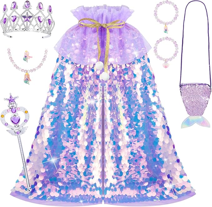 Meland Princess Dress Up for Girls 3-8, 11Pcs Mermaid Cape with Crown, Dress Up Clothes Birthday Gift Toys for Girls Toddlers
