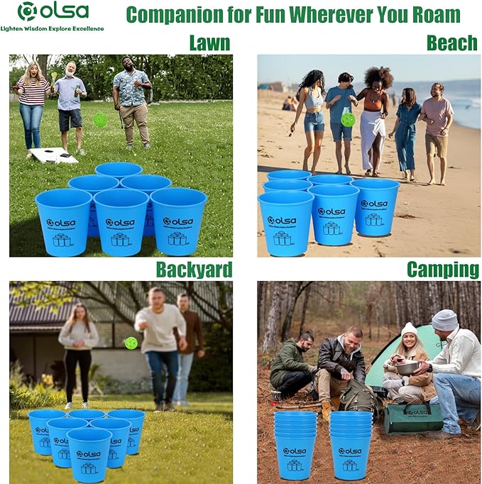 Olsa Giant Yard Pong Backyard Games, Outdoor Games for Kids Adults, Giant Family Lawn Game with 12 Buckets, Balls, Carrying Bag-Party Game for Beach Camping Outdoor Party(Blue)
