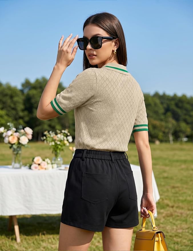 Rapbin Womens Short Sleeve Knit Polo Shirts Summer Spring Sweater Tops | Classic V Neck Collared Shirts Lightweight Business Casual Basic Fashion Pullover Polo Sweater for Work Formal Daily Wear