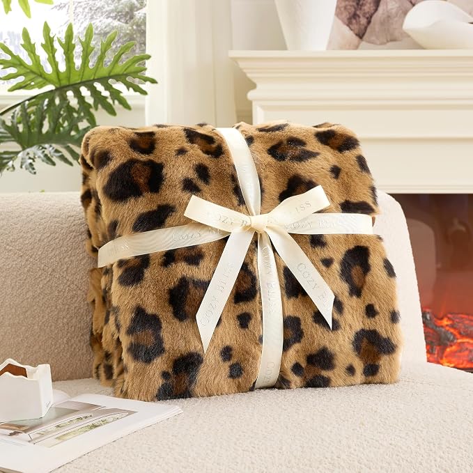 Cozy Bliss Cheetah Leopard Print Faux Fur Throw for Couch, Fuzzy Soft Plush Thick Bubble Blanket for Sofa Bedroom Living Room, 50x60 Inches Brown
