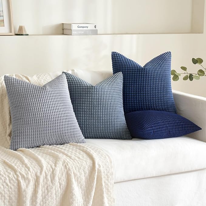MIULEE Decorative Throw Pillow Covers Set of 4 16x16 Inch Coastal Blue | Boho Western Farmhouse Home Decor, Throw Pillows, Summer Coastal Industrial Corduroy Pillowcases for Sofa Living Room Bed