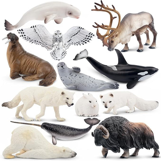 Toymany 12PCS 4-7" Large Polar Animals Figurines, Plastic Arctic Animal Toy Preschool Set Includes Polar Bear,Caribou,Whales,Walrus, Cake Toppers Christmas Birthday Toys Gift for Kids Toddlers