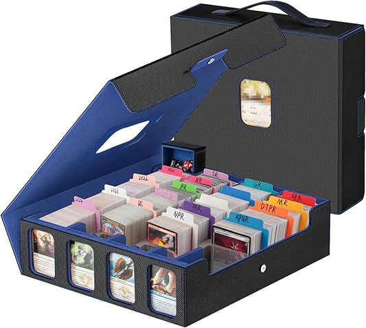 3200+ Trading Card Storage Box with Commander Display, 4-Row TCG Card Box with Portable Handle, Compatible for TCG/MTG/Magic Cards, 30 Colorful Divider, 8 Supporters, US Design Patent (Black&Blue)