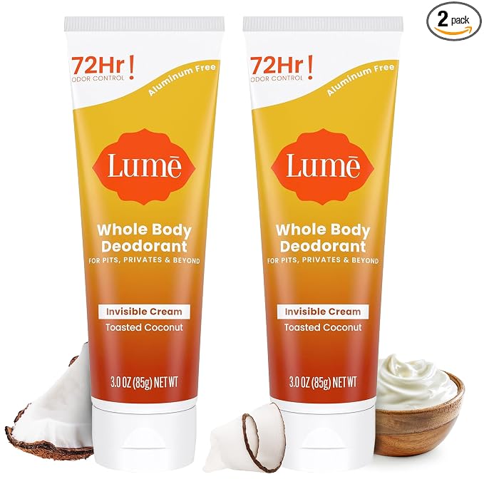 Lume Whole Body Deodorant - Invisible Cream Tube - 72 Hour Odor Control - Aluminum Free, Baking Soda Free, Skin Safe - 3.0 ounce (Pack of 2) (Toasted Coconut)