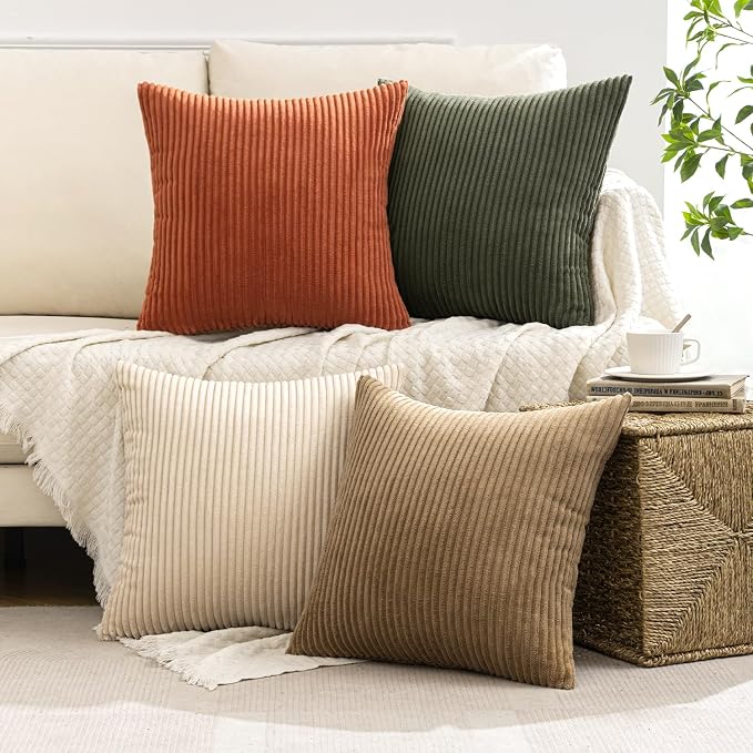 MIULEE Fall Corduroy Decorative Throw Pillow Covers Rust-Olive Green 16x16 | Set of 4, Vintage Fall Decor, Rustic Brown Green Collection, Boho Farmhouse Cushion Covers for Couch Bed Sofa Living Room