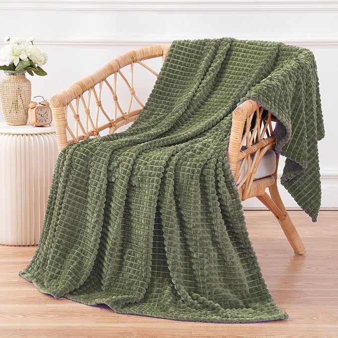 Puncuntex Fleece Throw Blanket Olive Green 60"×80" with Square Grid Design | Super Soft Plush Cozy Flannel Throw Blanket Luxury for Couch Sofa Chair