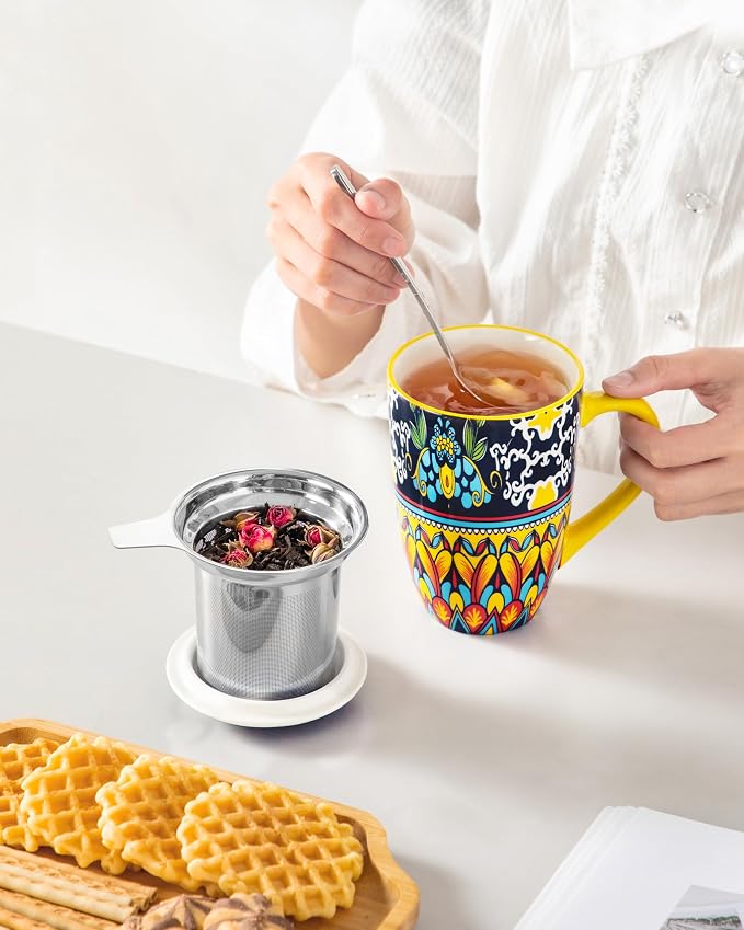 vancasso Ceramic Tea Cup with Infuser and Lid, 18 Ounce Tea Infuser Mug for Loose Leaf Tea, Microwave & Dishwasher Safe, Bohemian Mandala, Gift for Tea Lovers, Golden Lotus Mirage