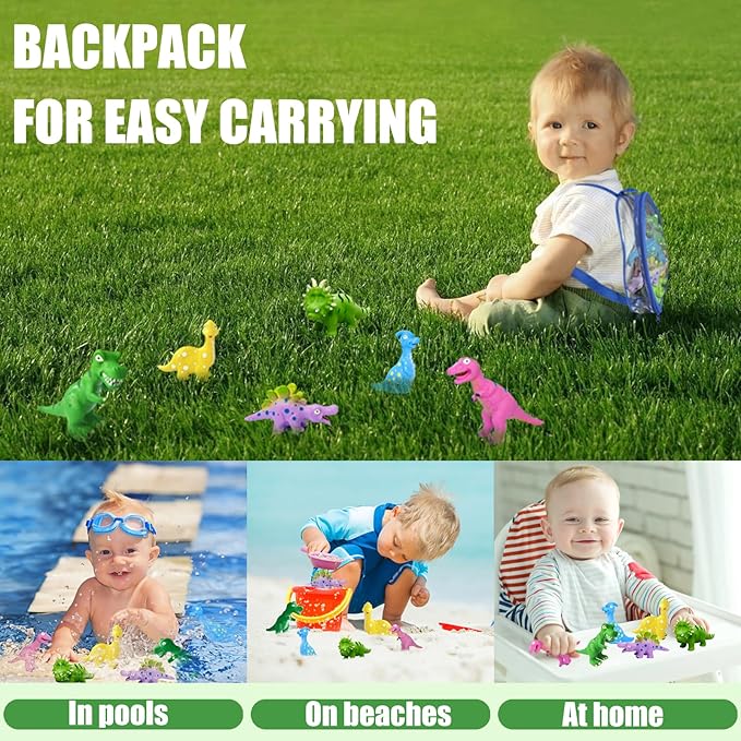 Dinosaur Bath Toys for 18 Mon, 6 Pcs Mold Free Dino Bath Toy for Toddler 1-3, Soft Rubber Baby Bathtub Shower Water Table Pool Toys with Mesh Organizer & Backpack, Exquisite Box Gifts for Boys Girls