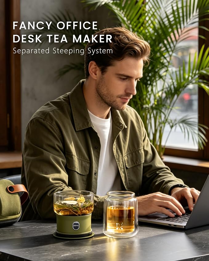 ZENS Modern Glass infuser Teapot, Small One Touch Tea Maker for Loose Tea Diffusers with 200ml Insulated Cup and Army Green Portable Carry Case, Magic Gongfu Tea Pot for Tea Lovers Gifts