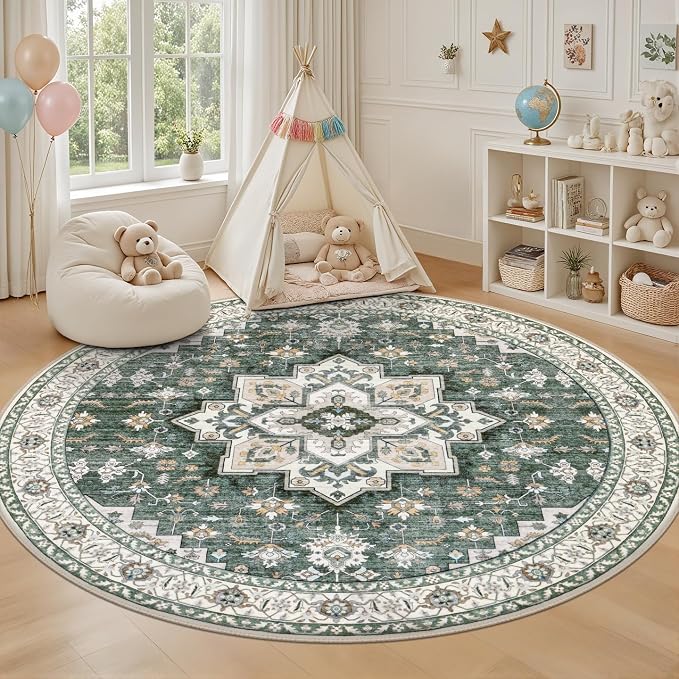 Round Area Rug for Living Room: 6ft Washable Vintage Boho Soft Thin Circle Rug Indoor Floor No Slip Stain Resistant Carpet for Bedroom Dining Room Farmhouse Nursery Home Office - Green Ivory