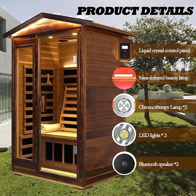 Kanlanth Red Cedar 2 Person Outdoor Infrared Sauna, Ultra-Low EMF Far Infrared Sauna, 1,750W, Luxury Outdoor Infrared Sauna with Near red Light and Chromotherapy, Bluetooth, LED