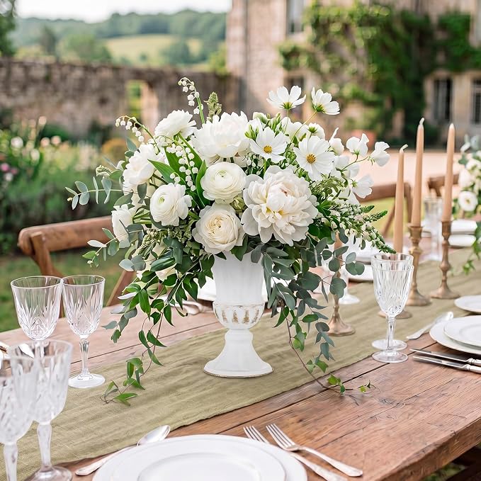 Sziqiqi White Metal Vase for Centerpiece, Table Flower Arrangements, 10Pcs | 9in Tall Compote Vase, Trumpet Urn Vase for Decoration, Planter Pot for Artificial Flower, For Reception, Home, Party Decor