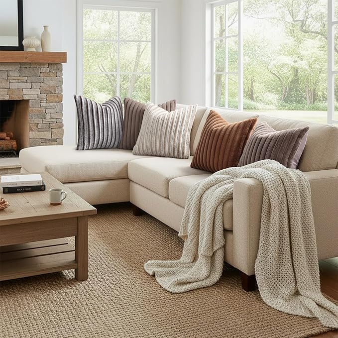 decorUhome Fall Faux Fur Throw Pillow Covers 24x24 Set of 2 Brown White | Decorative Soft Cozy Striped Plush Modern Farmhouse Boho Couch Pillow Cases Velvet Back for Sofa Bed Living Room Home Decor
