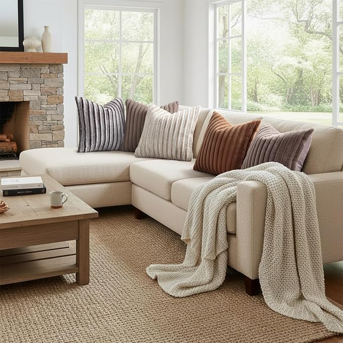 decorUhome Fall Faux Fur Throw Pillow Covers 18x18 Set of 2 Beige White | Decorative Soft Cozy Striped Plush Modern Farmhouse Boho Couch Pillow Cases Velvet Back for Sofa Bed Living Room Home Decor