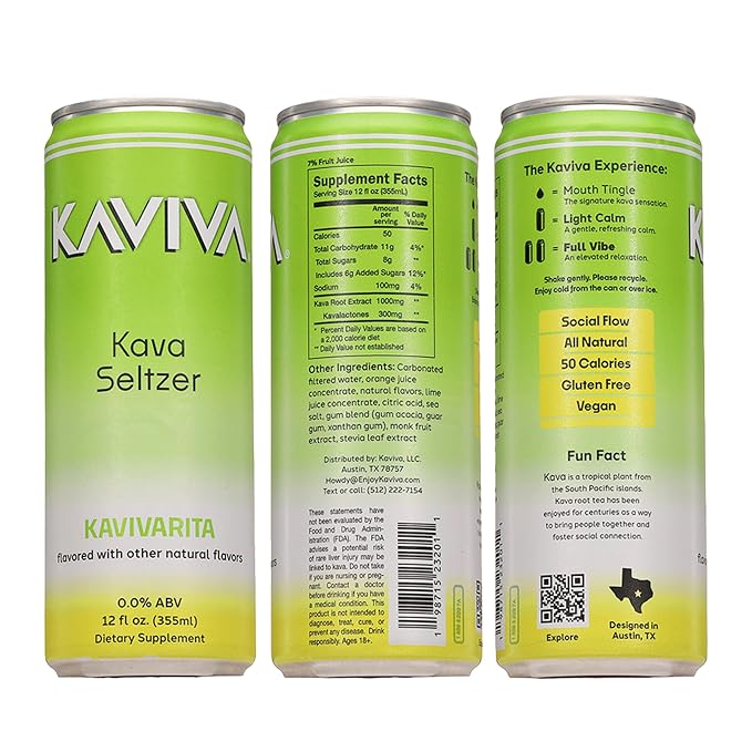 Kaviva | Kava & Seltzer | Relaxation Drink | 50 calories | All Natural | Non-ALC Functional Beverage | Refreshing Alternative | Clean Ingredients