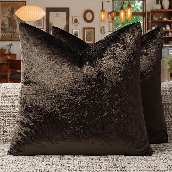 GIGIZAZA Crushed Brown Velvet Throw Pillow Covers 18x18 Pack of 2 | Decorative Pillows for Couch Sofa,280gsm Soft Textured Fabric,Modern Square Pillowcases,Luxury Cushion Covers