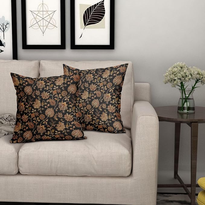 Black Brown Floral Pillow Covers 20X20 Inch Set of 2 Vintage Boho Carpet Flowers Decorative Pillow Cases Leaves Plant Cotton Linen Cushion Case Farmhouse Home Decor for Sofa Couch Living Room