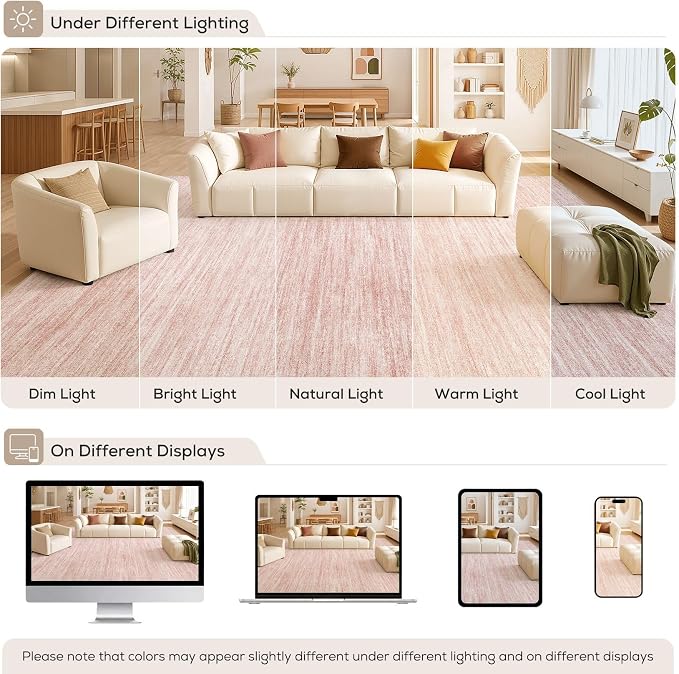 Nakagishi 7X9 Area Rugs Living Room: Washable Large Vintage Rug Neutral Non-Slip Soft Stain Resistant Indoor Carpet for Bedroom Nursery Dining Room Office Playroom - Pink