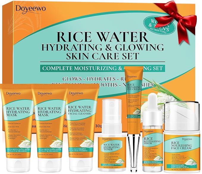 Skin Care Set w/Korean Rice Extract for Hydration,Glow,Repair &Radiant Skin | 7Pcs Women Teen Glass Skincare Routine Kit Self Care Gifts for Women Mom Wife Teenage Girl Valentines Christmas Gifts