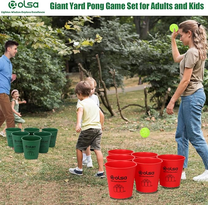 Olsa Giant Yard Pong Outdoor Games, Toss Family Game with 12 Buckets, Balls & Strength Carrying Bag for Beach Camping Lawn Backyard, Outdoor Games for Adults and Family (Green&Red)