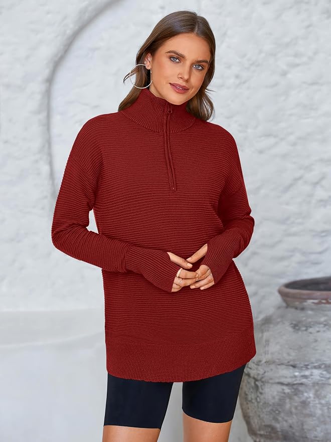PRETTYGARDEN Womens Long Sleeve Quarter Zip Pullover Sweater Casual Loose V Neck Collared Ribbed Knit Jumper Tops Thumb Hole