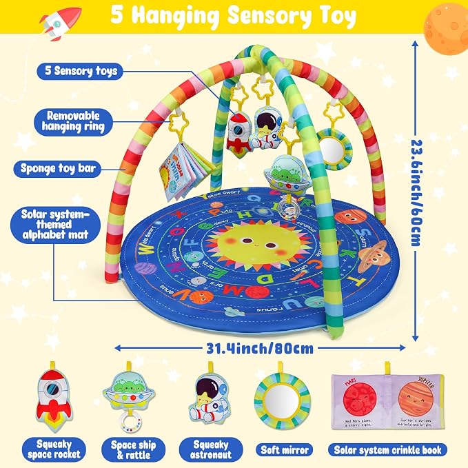 OKOOKO Baby Play Mat, Activity Baby Play Gym with Arch, Solor System Playmats & Floor Gyms, Alphabet Mat, Detachable Mirror, Thick Non Toxic Playmats for 0+