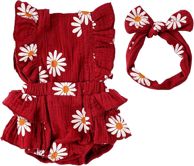 BABESIDE 2 Pcs Reborn Baby Doll Clothes with Headband for 17-22 Inch Dolls, Floral Patterns Reborn Baby Doll Accessories Set for Newborn Babydolls, Wine Red