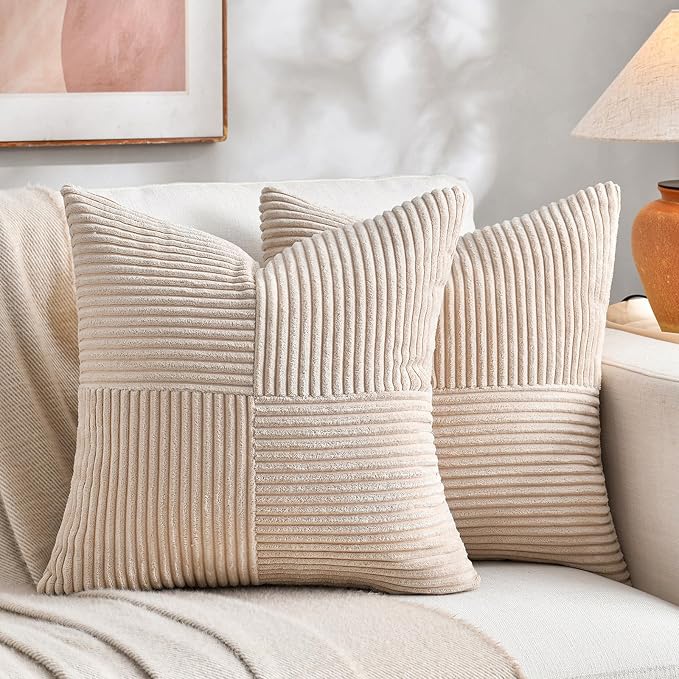 Fancy Homi 2 Packs Tan Euro Decorative Throw Pillow Covers 26x26 Inch for Living Room Couch Bed, Farmhouse Boho Home Decor, Soft Corss Corduroy Patchwork Textured Square Beige Cushion Case 66x66 cm