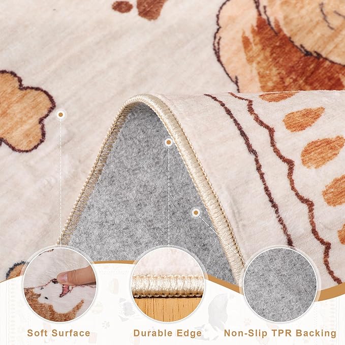 DUKINO 2x6 Kitchen Runner Rug, Washable Soft Non Slip Dog Rug, Beige Yellow | Stain Resistant, Low Pile Non-Shedding Animal Carpet Runner for Hallway Laundry Entryway Bathroom Bedroom, Kid & Pet Friendly