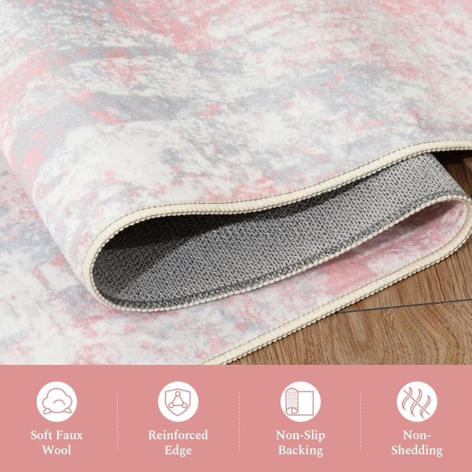 Rugflix 5x7 Area Rugs for Bedroom, Washable Pink Large Rug | Machine Washable; Stain-Resistant; Low Pile; Non-Slip; Modern Abstract; Carpet for Nursery Girls Living Room Office Home
