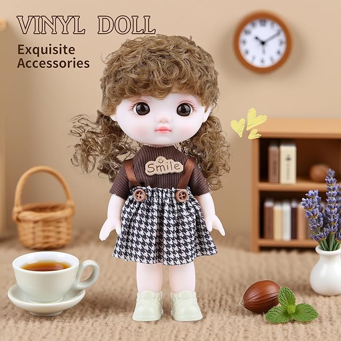 Kawaii Vinyl Dolls, Fashion Dolls Plush Toys for Girls with Strap Dress Double Ponytail Vinyl Face, Lovely Jointed Doll Fashional Stuffed Animals Gift for Birthday Christmas Collectible Toys 8.6 Inch