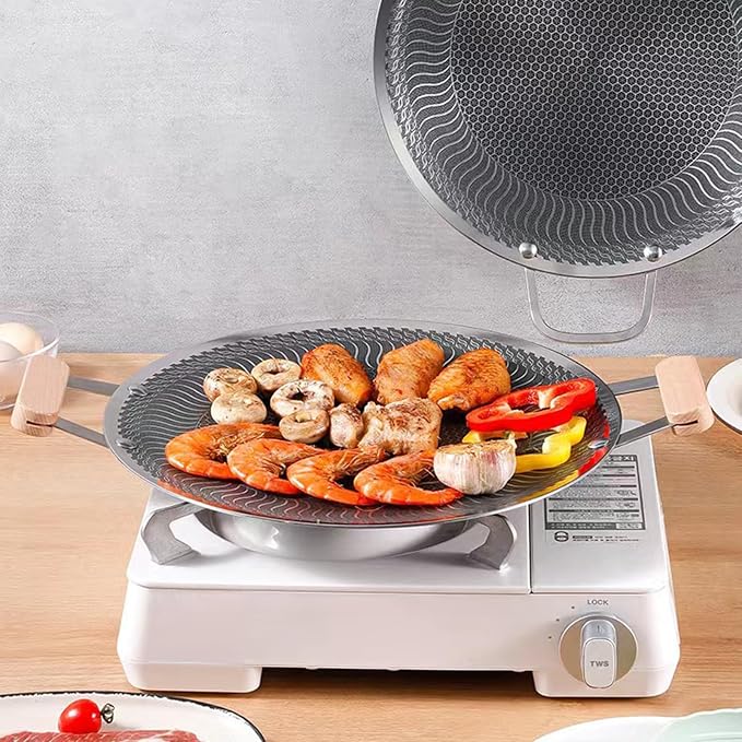 Korean BBQ Grill Pan Nonstick Round Griddle Pan Portable Stainless Steel Skillet Pan with Handle Dinner Server Pan,13.4inch