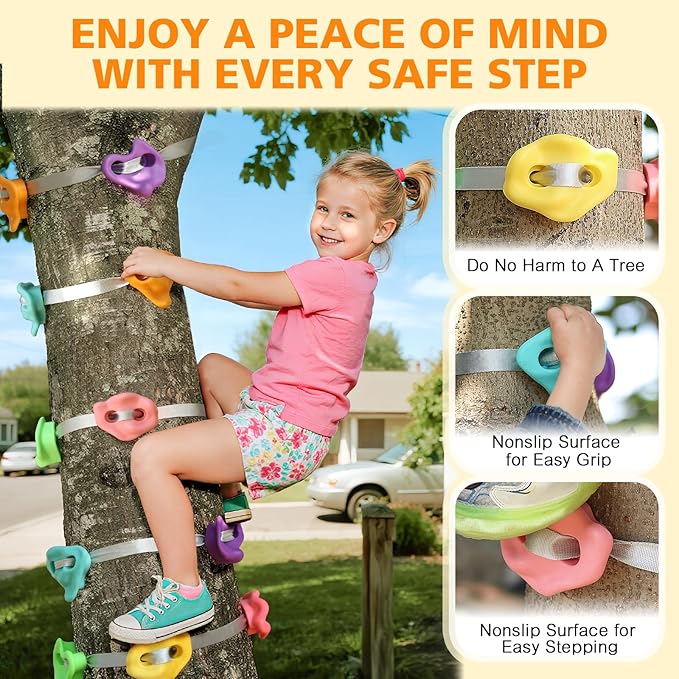 TOPNEW 20 Ninja Tree Climbing Holds for Kids Climber, Adult Climbing Rocks with 6 Ratchet Straps for Outdoor Ninja Warrior Obstacle Course Training, Soft Color